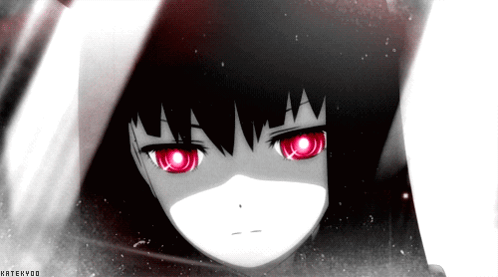 A Black And White Photo Of A Girl With Red Eyes And The Name Katekyoo On The Bottom Right GIF