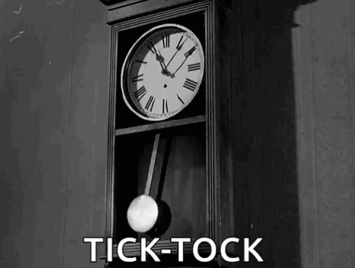 A Black And White Photo Of A Grandfather Clock With The Words Tick-Tock Below It GIF