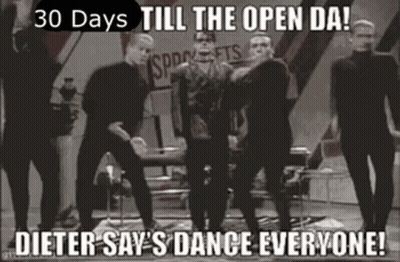 A Black And White Photo Of A Group Of Men Dancing With The Caption 30 Days Till The Open Da Dieter Say 'S Dance Everyone GIF