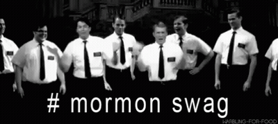 A Black And White Photo Of A Group Of Men With The Words #Mormon Swag On The Bottom GIF