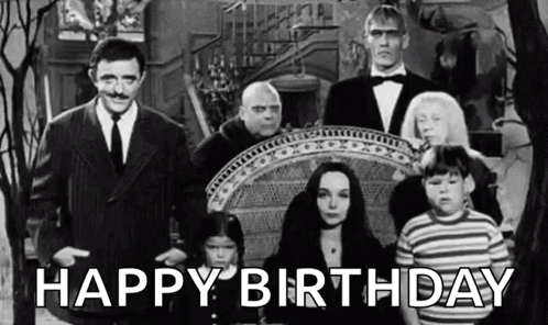 A Black And White Photo Of A Group Of People Standing Next To Each Other With The Words `` Happy Birthday '' . GIF