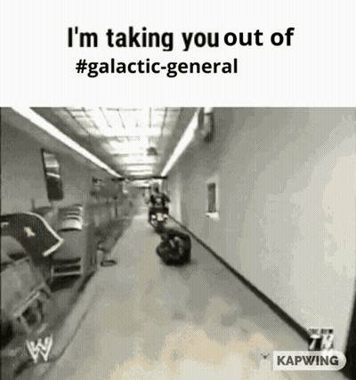 A Black And White Photo Of A Hallway With The Words `` I 'M Taking You Out Of # Galactic-General '' . GIF