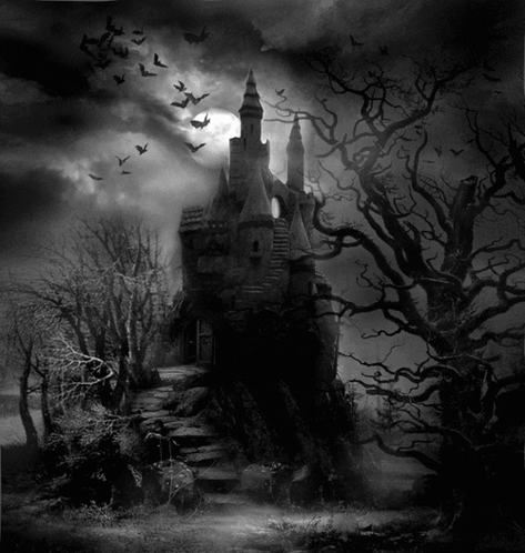 A Black And White Photo Of A Haunted Castle With Bats Flying Around It GIF