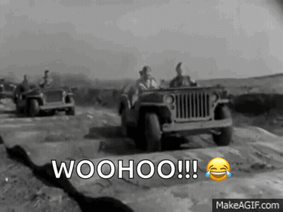 A Black And White Photo Of A Jeep With The Words Woohoo Written Above It GIF