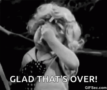 A Black And White Photo Of A Little Girl Crying And Saying `` Glad That 'S Over '' . GIF