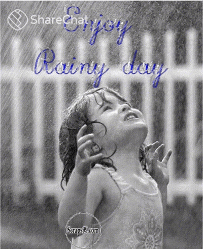 A Black And White Photo Of A Little Girl In The Rain With The Words " Enjoy Rainy Day " GIF