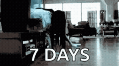 A Black And White Photo Of A Living Room With The Words 7 Days GIF