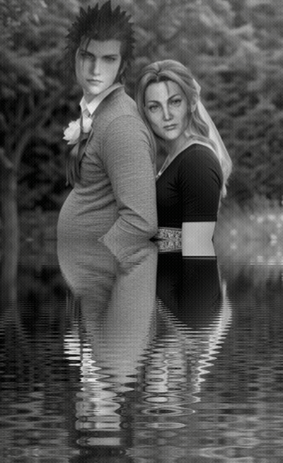 A Black And White Photo Of A Man And A Woman In The Water GIF