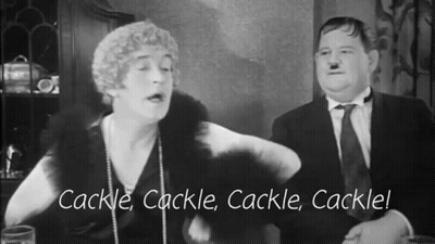 A Black And White Photo Of A Man And A Woman With The Words Cackle Cackle Cackle Cackle GIF