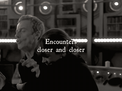 A Black And White Photo Of A Man And A Woman With The Words Encounters Closer And Closer GIF
