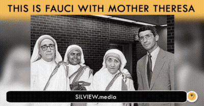 A Black And White Photo Of A Man And Three Nuns With The Words This Is Fauci With Mother Theresa GIF
