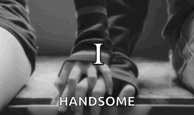 A Black And White Photo Of A Man And Woman Holding Hands With The Words I Handsome Above Them GIF