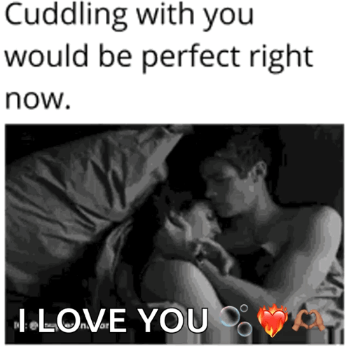 A Black And White Photo Of A Man And Woman Hugging With The Caption " Cuddling With You Would Be Perfect Right Now " GIF