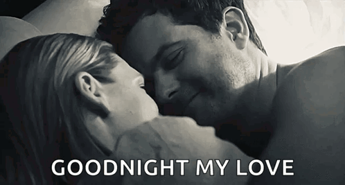 A Black And White Photo Of A Man And Woman Kissing With The Words " Goodnight My Love " Above Them GIF