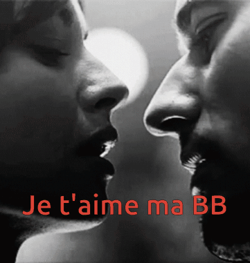A Black And White Photo Of A Man And Woman Kissing With The Words Je T'aime Ma Bb GIF