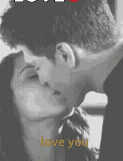 A Black And White Photo Of A Man And Woman Kissing With The Words " Love You " Written On The Bottom GIF