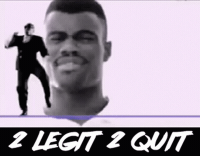 A Black And White Photo Of A Man Dancing With The Words `` 2 Legit 2 Quit '' Written Below Him . GIF