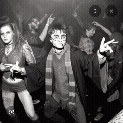 A Black And White Photo Of A Man Dressed As Harry Potter Giving The Peace Sign GIF