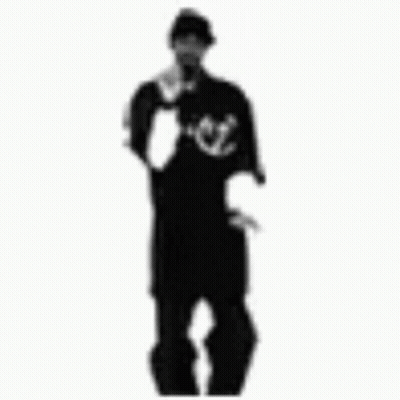 A Black And White Photo Of A Man In A Black Shirt And Hat Standing On A White Background . GIF