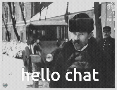 A Black And White Photo Of A Man In A Fur Hat With The Words Hello Chat Written Below Him GIF
