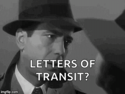 A Black And White Photo Of A Man In A Hat And Tie Asking Letters Of Transit . GIF