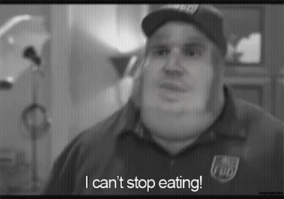 A Black And White Photo Of A Man In A Hat Saying `` I Can 'T Stop Eating '' GIF