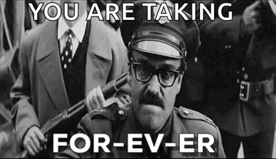 A Black And White Photo Of A Man In A Police Uniform Holding A Gun With The Caption `` You Are Taking For-Ev-Er '' GIF