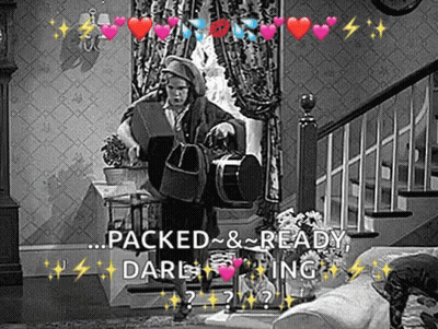 a black and white photo of a man in a room with the words packed and ready .