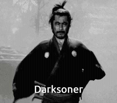 A Black And White Photo Of A Man In A Samurai Costume With The Word Darksoner Written On The Bottom . GIF