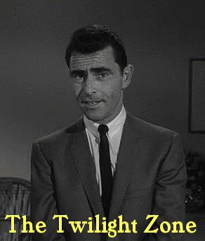 A Black And White Photo Of A Man In A Suit And Tie With The Twilight Zone Written On The Bottom GIF