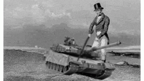 A Black And White Photo Of A Man In A Top Hat Standing Next To A Tank GIF