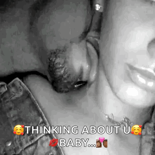 A Black And White Photo Of A Man Kissing A Woman 'S Neck With The Caption " Thinking About U Baby " GIF