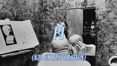 A Black And White Photo Of A Man Looking At Himself In A Mirror With Pi Written In Blue GIF