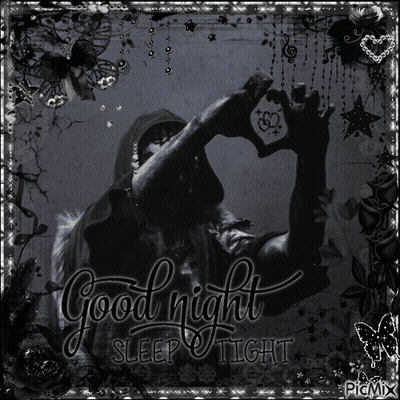 A Black And White Photo Of A Man Making A Heart Shape With His Hands And The Words Good Night Sleep Tight GIF