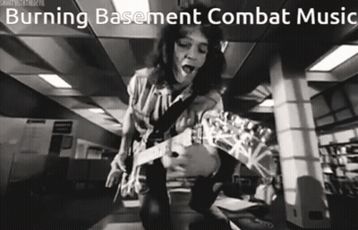 A Black And White Photo Of A Man Playing A Guitar With The Words Burning Basement Combat Music Above Him GIF
