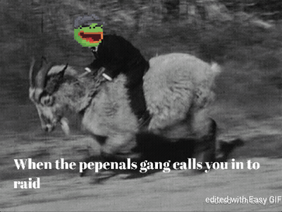 A Black And White Photo Of A Man Riding A Goat With The Caption When The Pepenals Gang Calls You In To Raid GIF