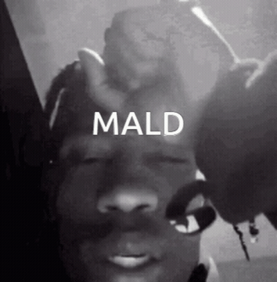 A Black And White Photo Of A Man 'S Face With The Word Mald On It . GIF