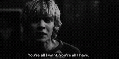 A Black And White Photo Of A Man Screaming With The Words You 'Re All I Want You 'Re All I Have Below Him GIF