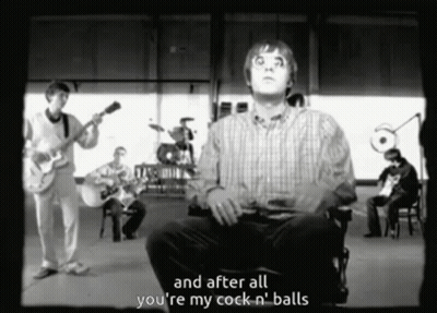 A Black And White Photo Of A Man Sitting In A Chair With The Words " And After All You 'Re My Cock-N-Balls " GIF