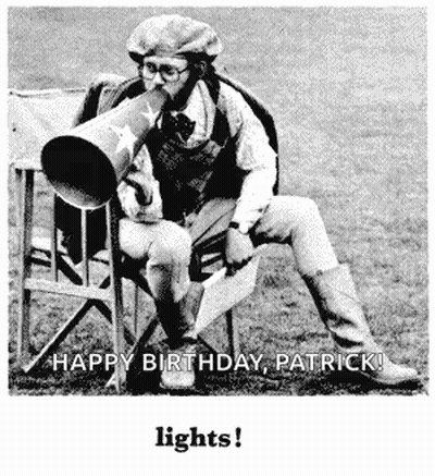 A Black And White Photo Of A Man Sitting In A Chair With The Words Happy Birthday Patrick Lights On The Bottom GIF