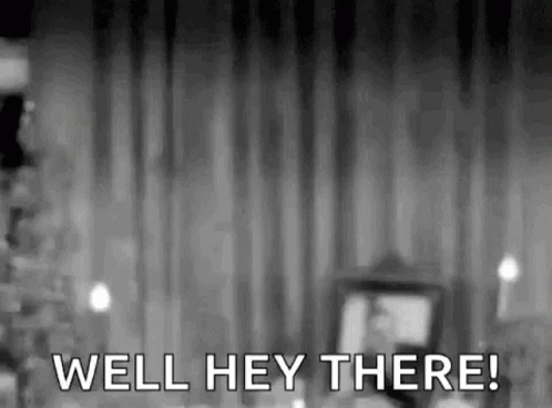 A Black And White Photo Of A Man Standing In Front Of A Curtain With The Words `` Well Hey There '' . GIF