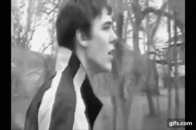 A Black And White Photo Of A Man Standing In Front Of A Forest . GIF