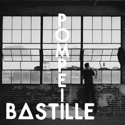 A Black And White Photo Of A Man Standing In Front Of A Window With Pompeii Bastille Written In White GIF