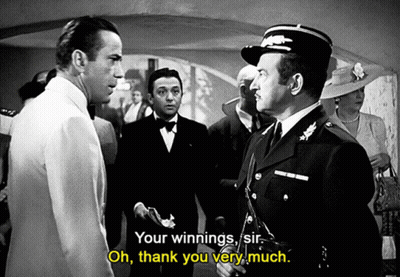 A Black And White Photo Of A Man Talking To Another Man With The Caption Your Winnings Sir Oh Thank You Very Much GIF