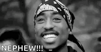 A Black And White Photo Of A Man Wearing A Bandana And Smiling With The Words `` Nephew '' . GIF