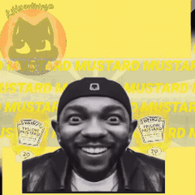 A Black And White Photo Of A Man Wearing A Black Hat That Says Yellow Mustard On It GIF