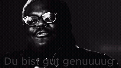 A Black And White Photo Of A Man Wearing Glasses And The Words Du Bist Gut Genuuug GIF