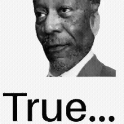 A Black And White Photo Of A Man With A Beard And The Words `` True '' Written Below Him . GIF