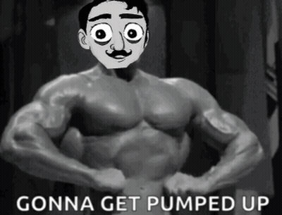 A Black And White Photo Of A Man With A Cartoon Face And The Words Gonna Get Pumped Up GIF