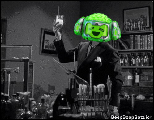 A Black And White Photo Of A Man With A Green Robot Head Holding A Jar Of Milk GIF